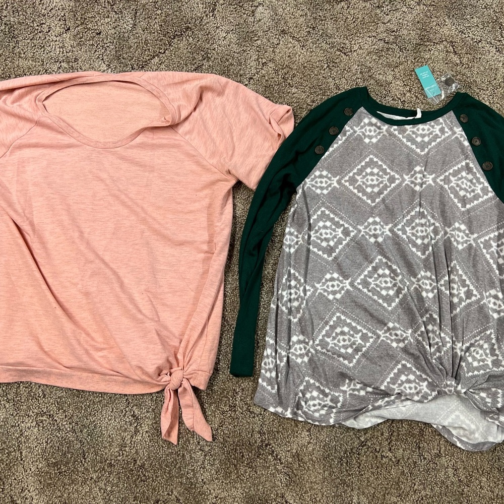 Maurices Pink Tie-Front Tee and Gray Patterned Top